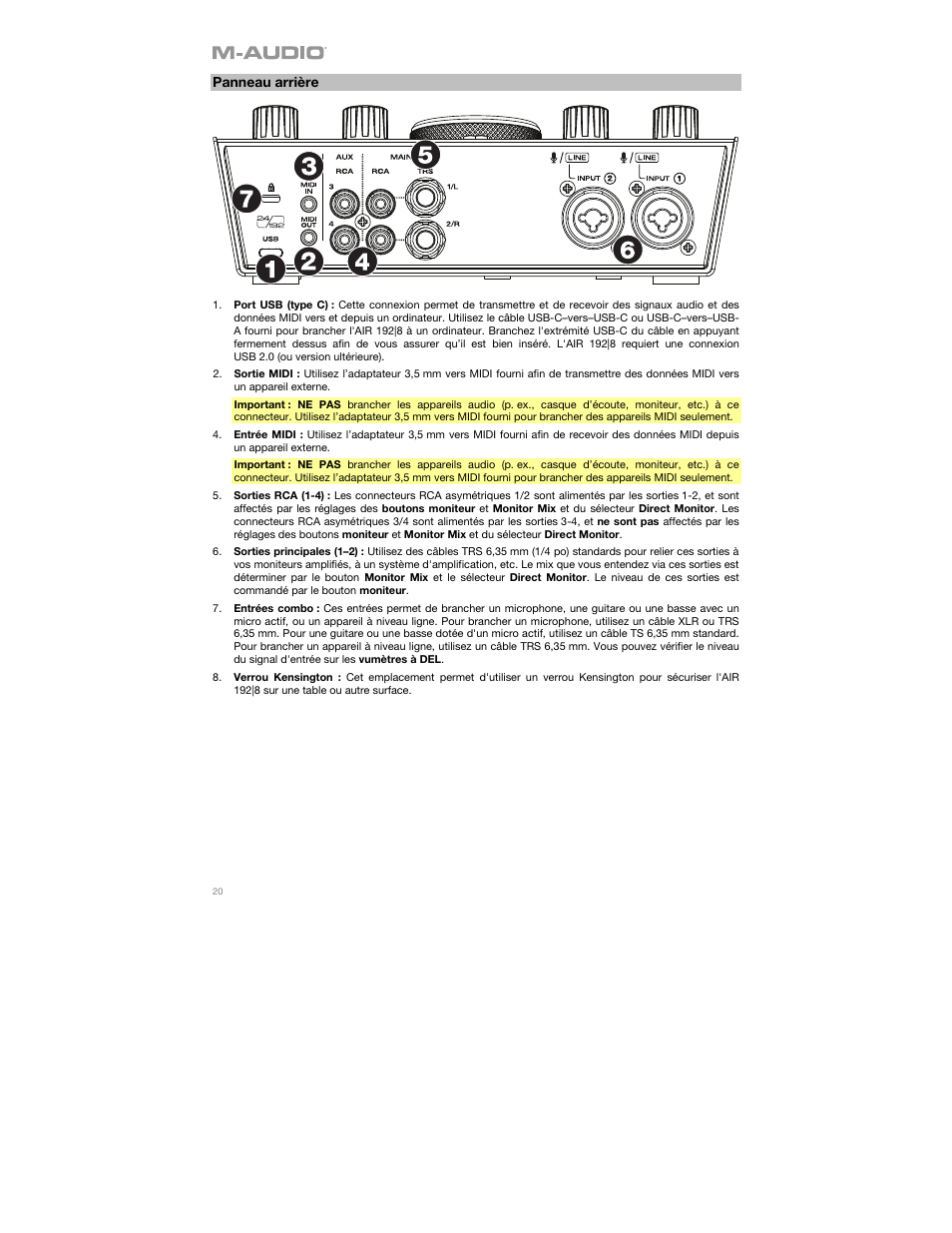 Panneau arrière | M-AUDIO AIR 192|8 Desktop 2x4 USB Type-C Audio/MIDI Interface User Manual | Page 20 / 36