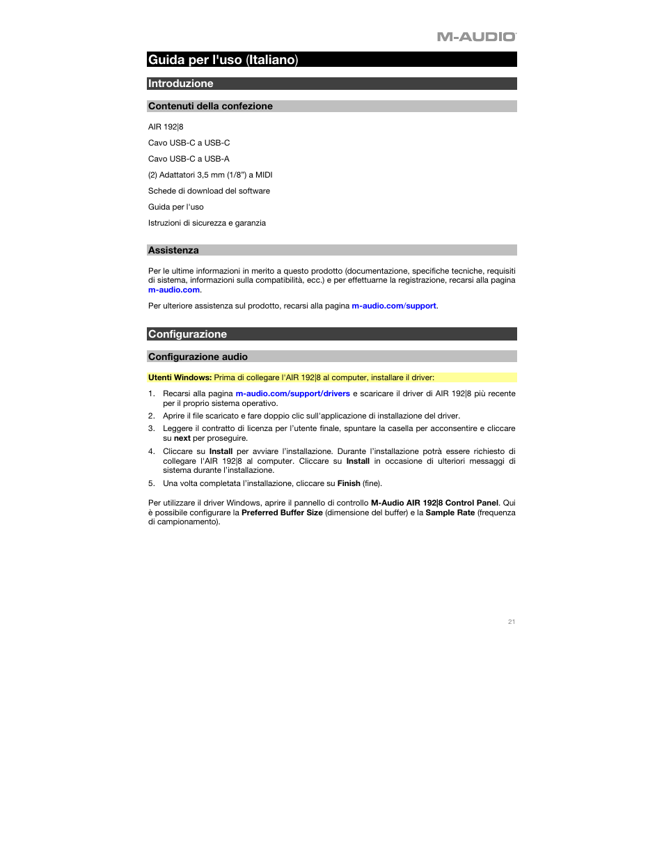 Guida per l'uso (italiano), Introduzione, Contenuti della confezione | Assistenza, Configurazione, Configurazione audio, Guida per l'uso ( italiano ) | M-AUDIO AIR 192|8 Desktop 2x4 USB Type-C Audio/MIDI Interface User Manual | Page 21 / 36