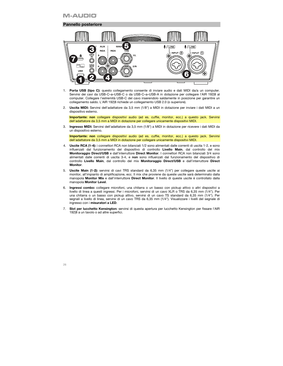 Pannello posteriore | M-AUDIO AIR 192|8 Desktop 2x4 USB Type-C Audio/MIDI Interface User Manual | Page 26 / 36