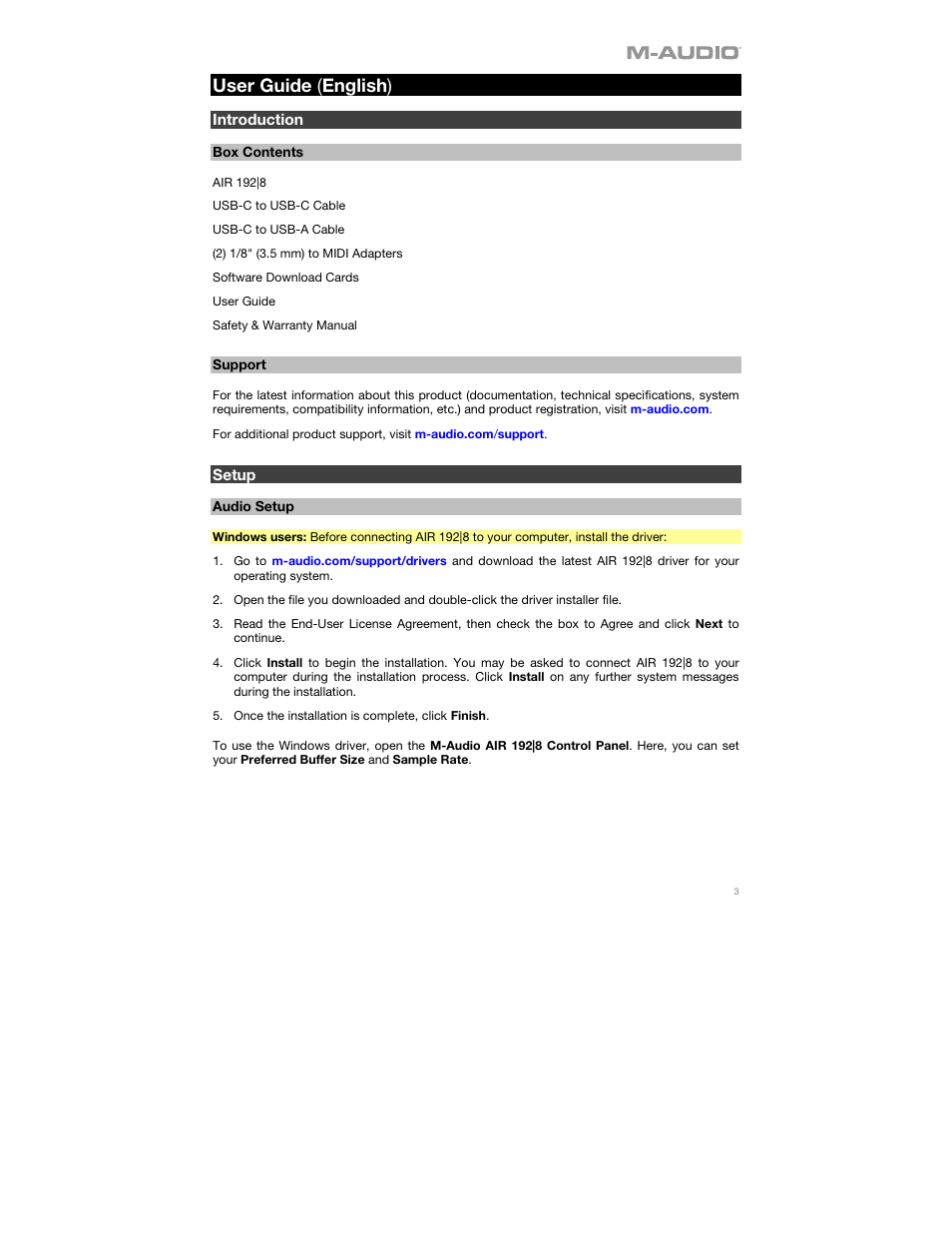 User guide (english), Introduction, Support | Setup, Audio setup, User guide ( english ) | M-AUDIO AIR 192|8 Desktop 2x4 USB Type-C Audio/MIDI Interface User Manual | Page 3 / 36