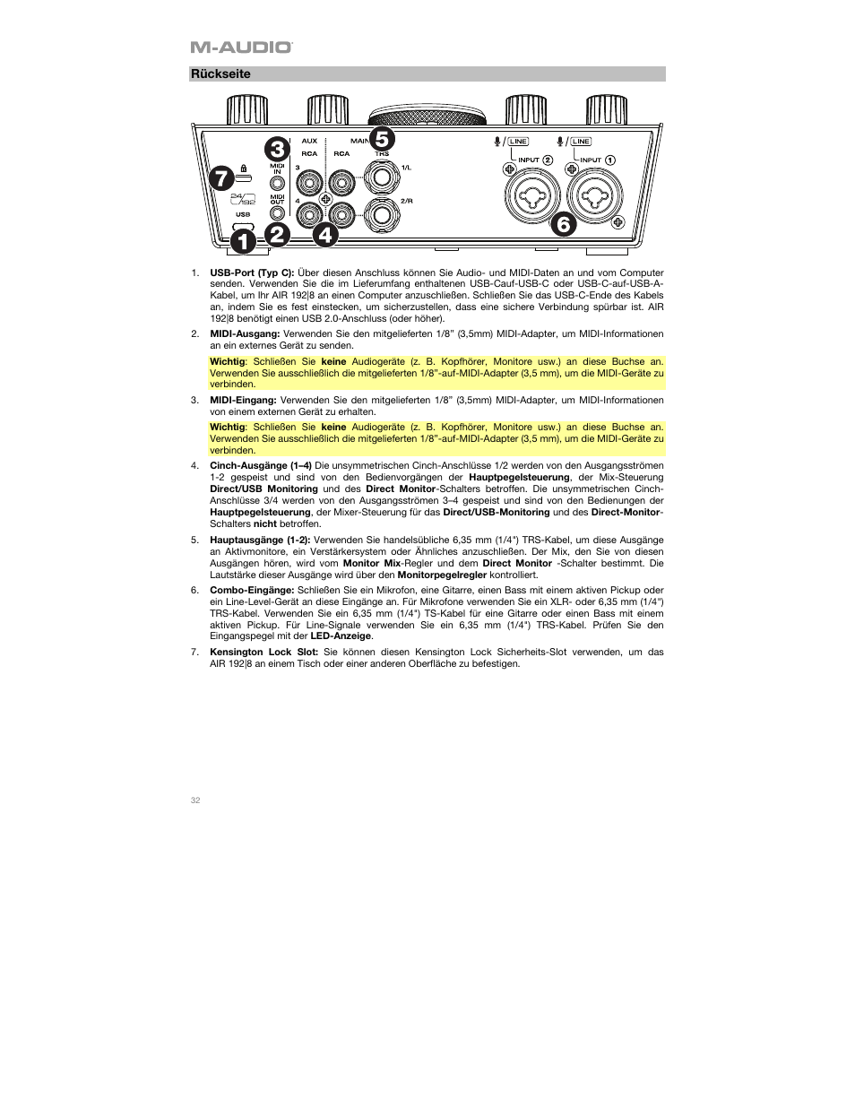 Rückseite | M-AUDIO AIR 192|8 Desktop 2x4 USB Type-C Audio/MIDI Interface User Manual | Page 32 / 36