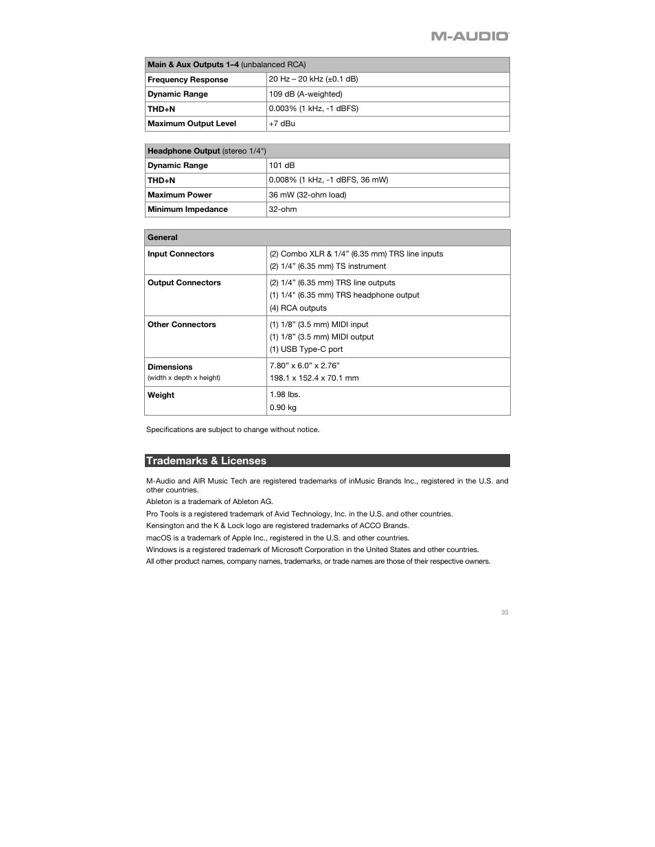 Trademarks & licenses | M-AUDIO AIR 192|8 Desktop 2x4 USB Type-C Audio/MIDI Interface User Manual | Page 35 / 36