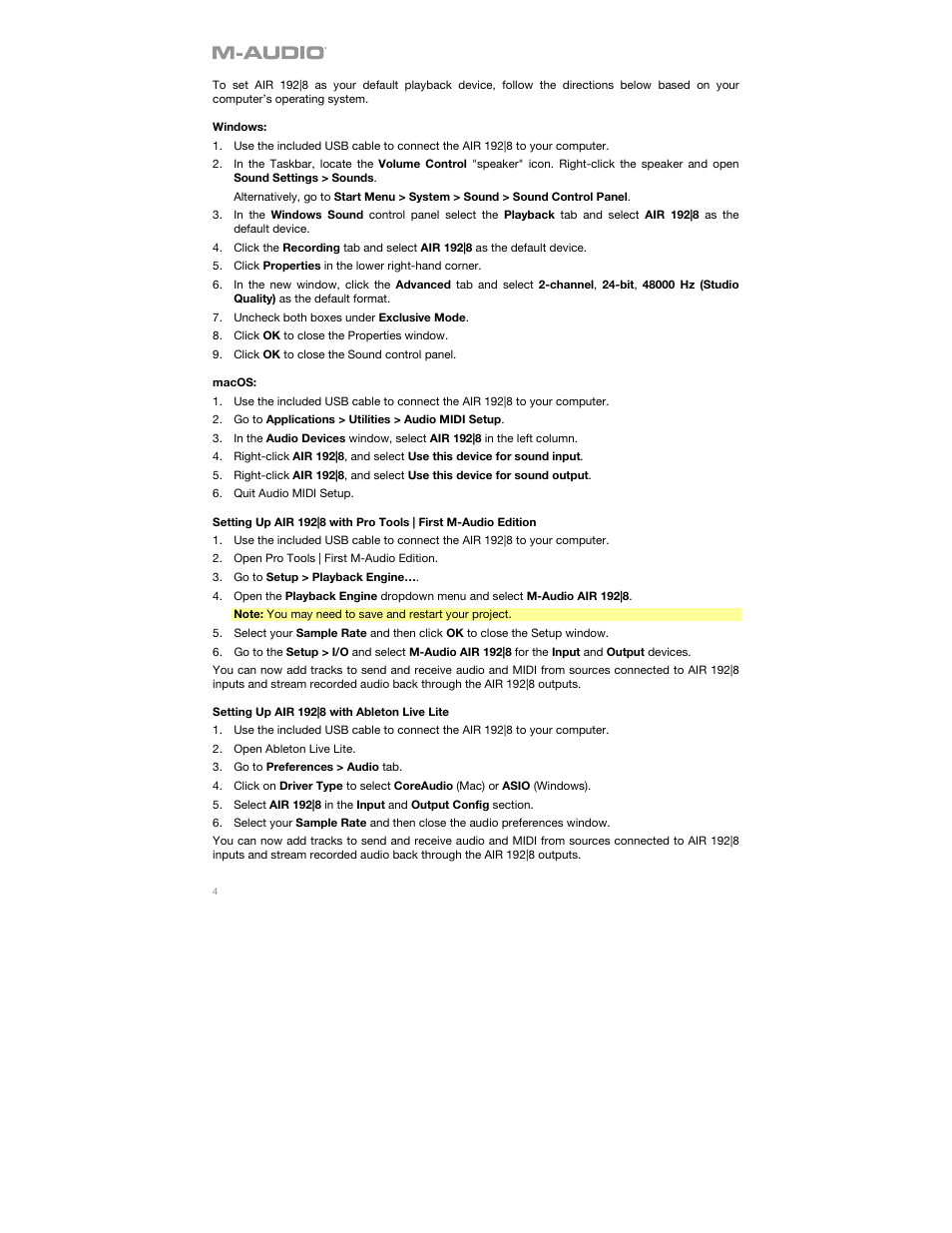 M-AUDIO AIR 192|8 Desktop 2x4 USB Type-C Audio/MIDI Interface User Manual | Page 4 / 36