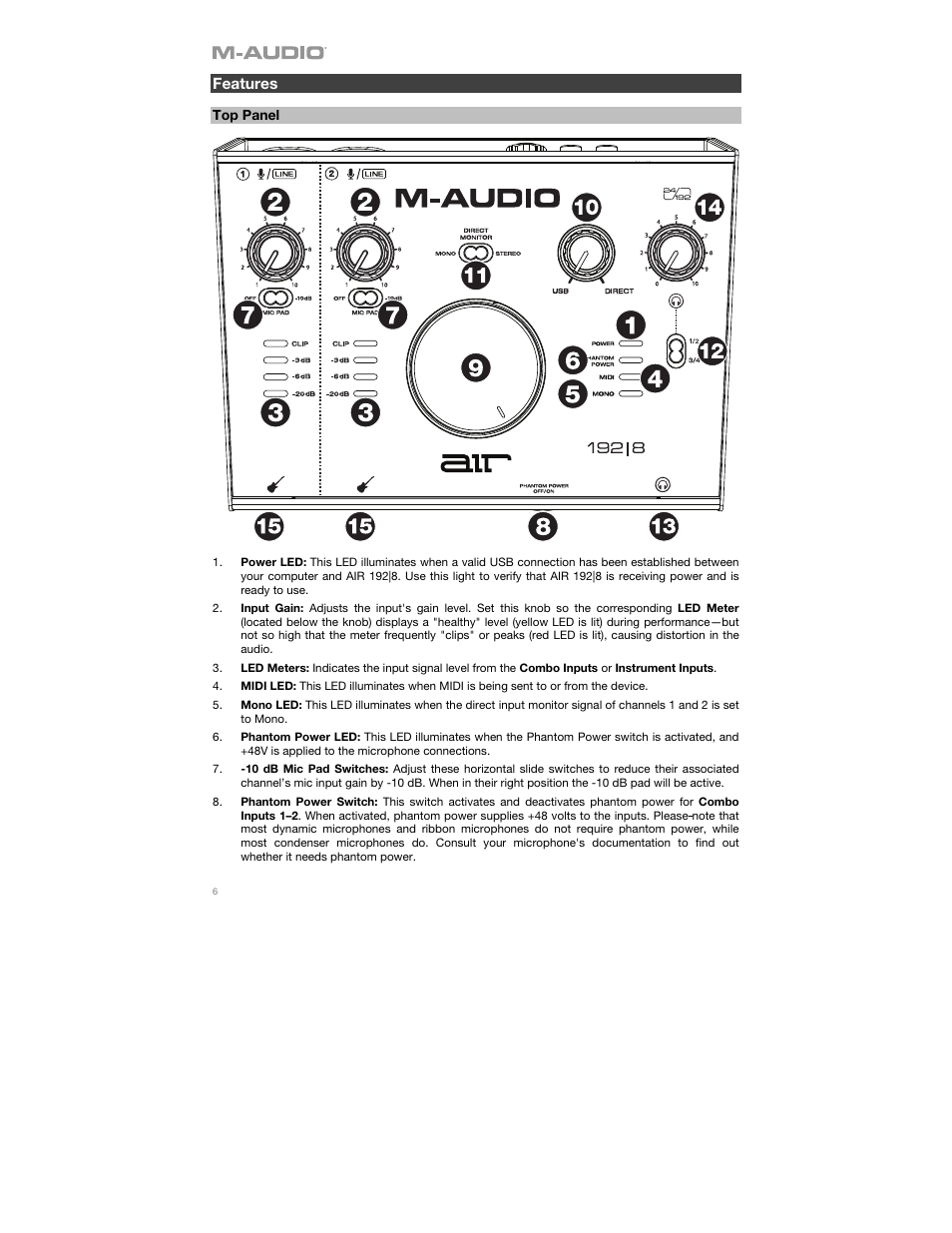Features, Top panel | M-AUDIO AIR 192|8 Desktop 2x4 USB Type-C Audio/MIDI Interface User Manual | Page 6 / 36