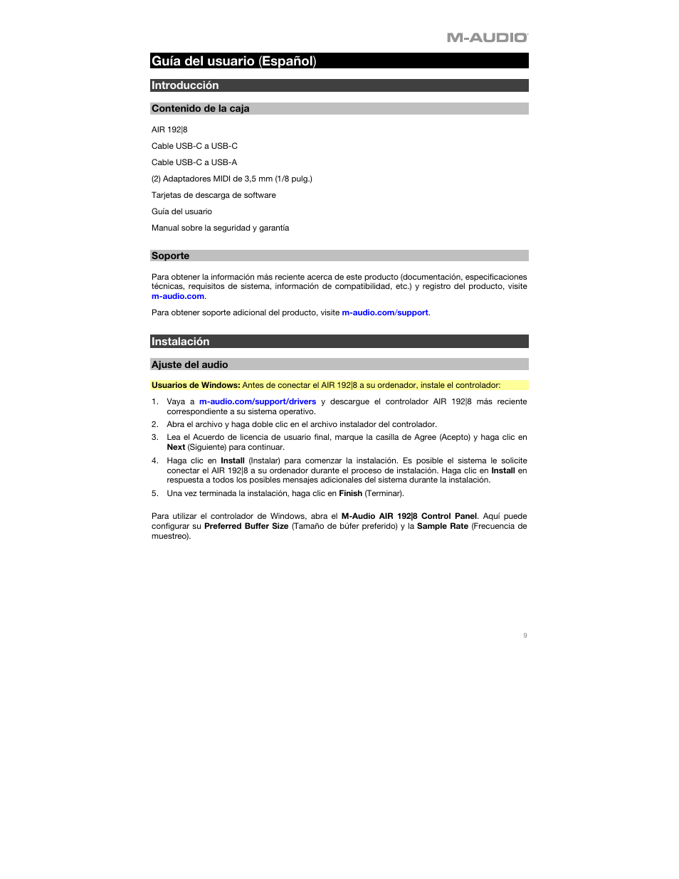 M-AUDIO AIR 192|8 Desktop 2x4 USB Type-C Audio/MIDI Interface User Manual | Page 9 / 36