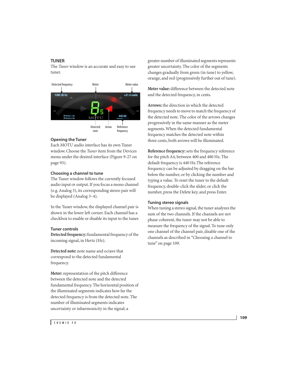 Tuner, Opening the tuner, Choosing a channel to tune | Tuner controls, Tuning stereo signals | MOTU 828x 28x30 Audio Interface with ThunderTechnology User Manual | Page 109 / 126