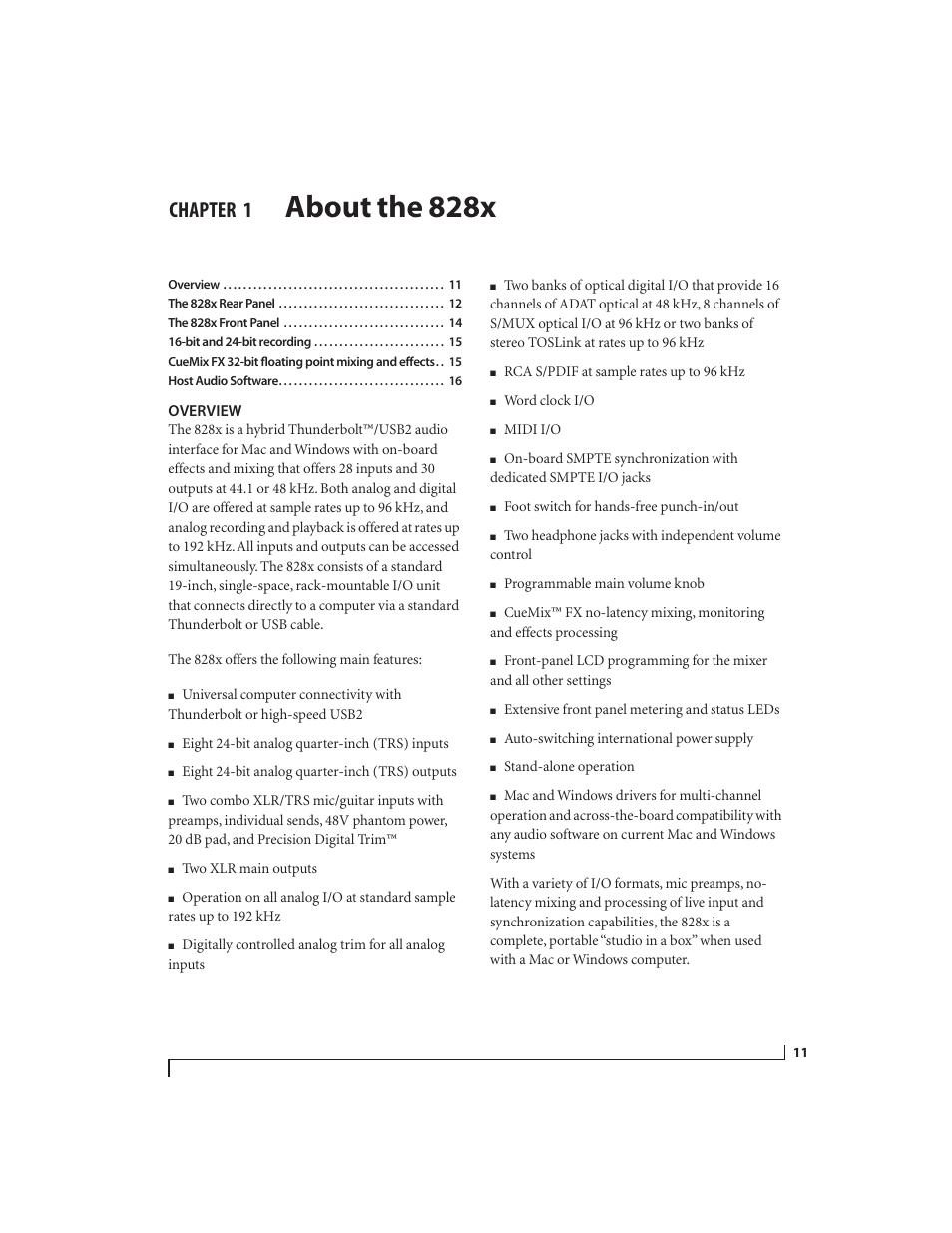 1 about the 828x, Overview, About the 828x | Chapter | MOTU 828x 28x30 Audio Interface with ThunderTechnology User Manual | Page 11 / 126