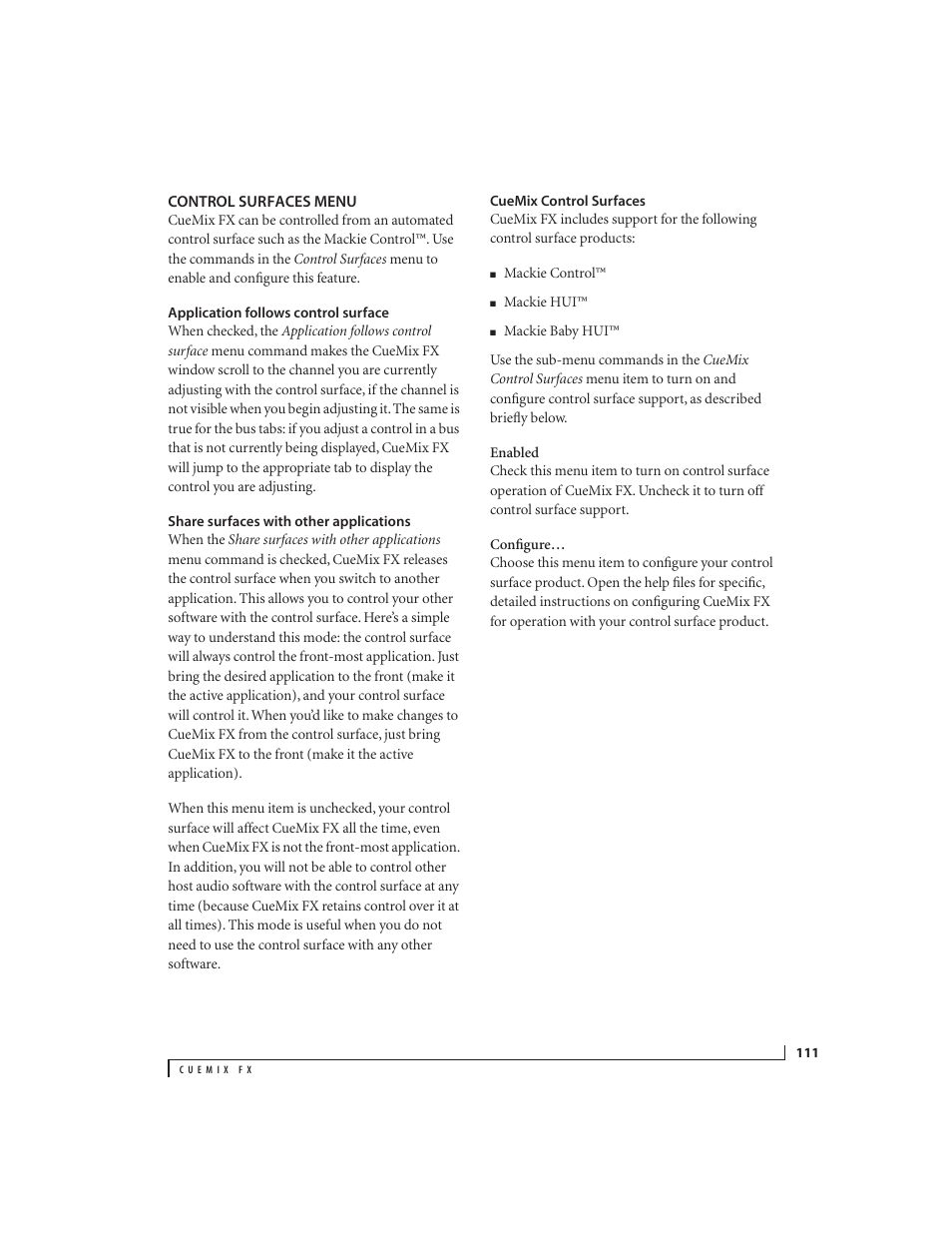 Control surfaces menu, Application follows control surface, Share surfaces with other applications | Cuemix control surfaces | MOTU 828x 28x30 Audio Interface with ThunderTechnology User Manual | Page 111 / 126