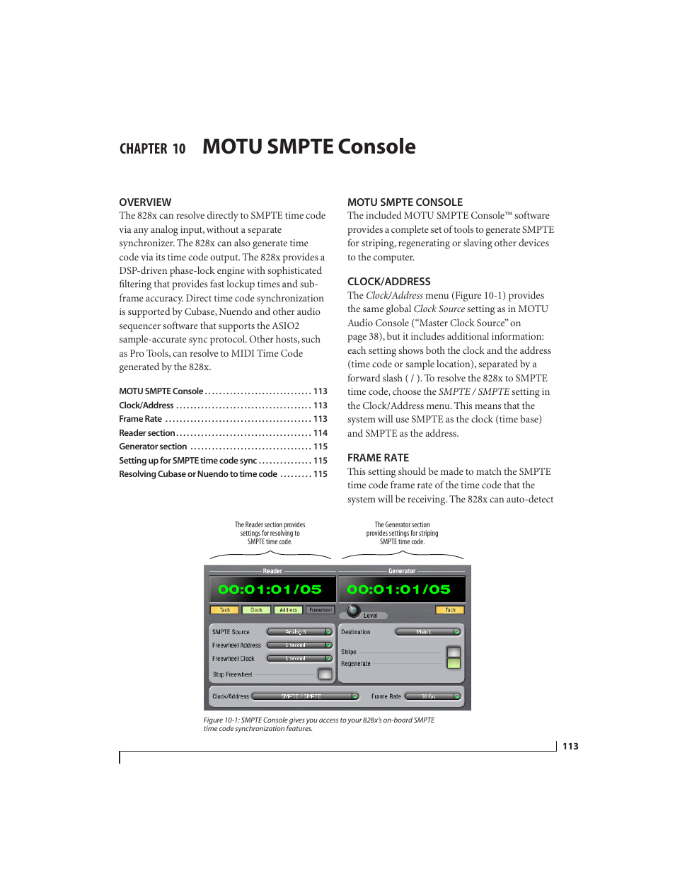10 motu smpte console, Overview, Motu smpte console | Clock/address, Frame rate, Chapter | MOTU 828x 28x30 Audio Interface with ThunderTechnology User Manual | Page 113 / 126