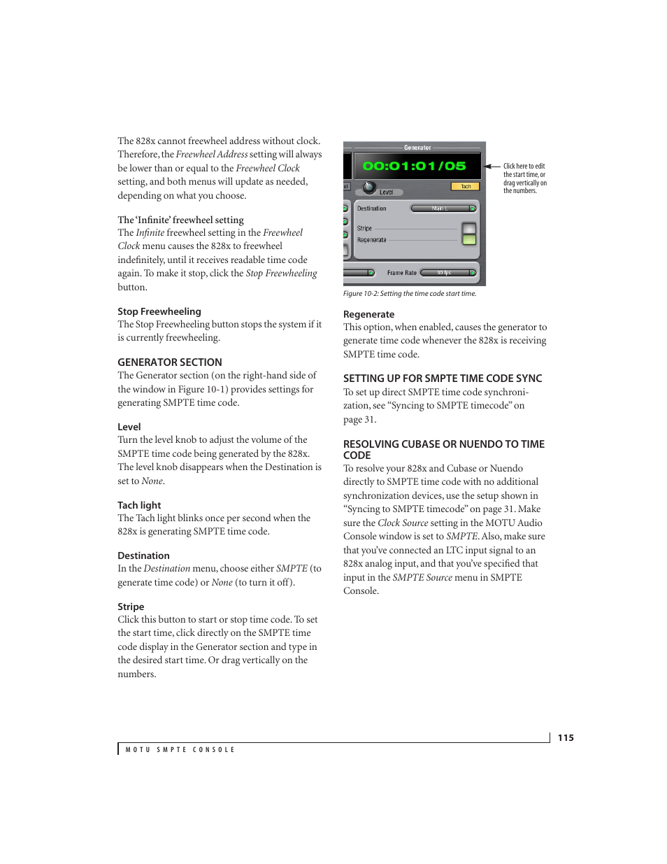 Stop freewheeling, Generator section, Level | Tach light, Destination, Stripe, Regenerate, Setting up for smpte time code sync, Resolving cubase or nuendo to time code | MOTU 828x 28x30 Audio Interface with ThunderTechnology User Manual | Page 115 / 126