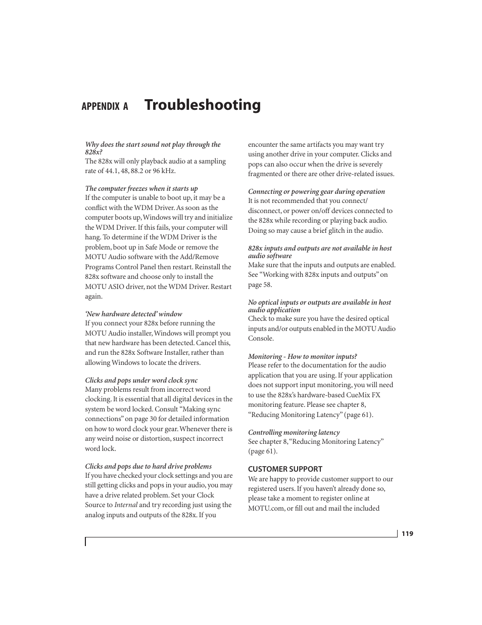 A troubleshooting, Customer support, Troubleshooting | Appendix | MOTU 828x 28x30 Audio Interface with ThunderTechnology User Manual | Page 119 / 126