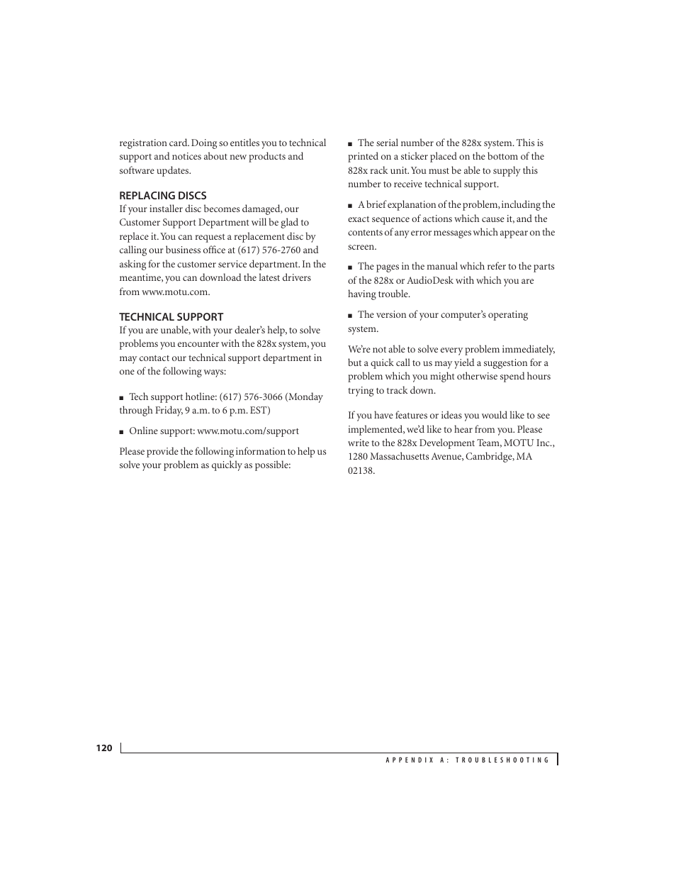 Replacing discs, Technical support | MOTU 828x 28x30 Audio Interface with ThunderTechnology User Manual | Page 120 / 126