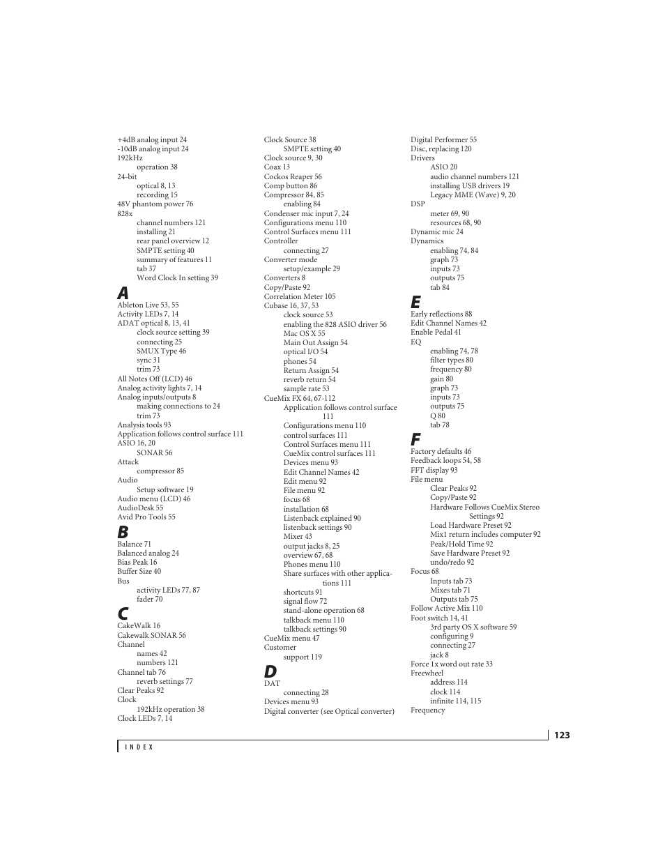 Index | MOTU 828x 28x30 Audio Interface with ThunderTechnology User Manual | Page 123 / 126