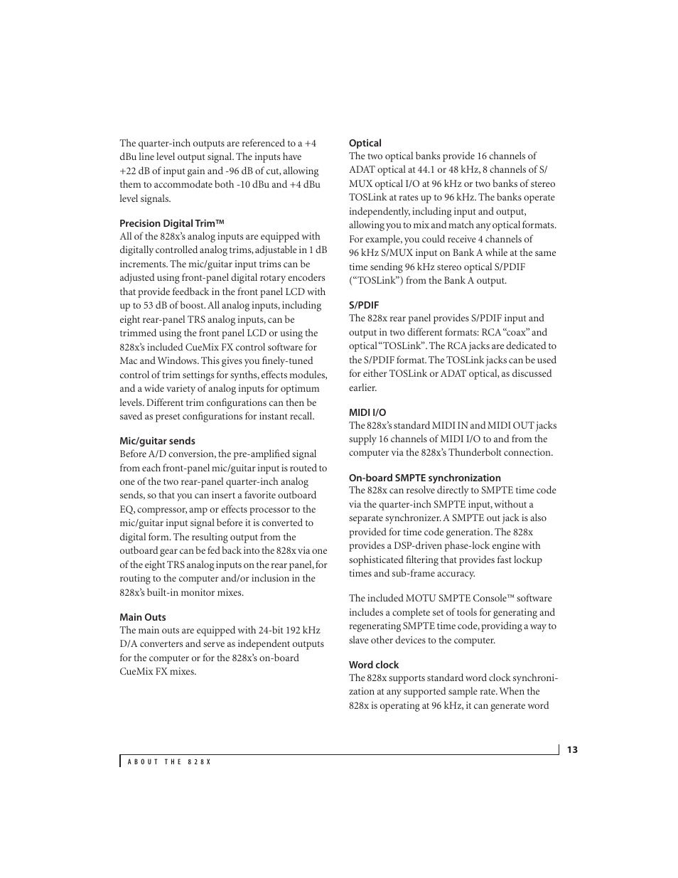 Precision digital trim, Mic/guitar sends, Main outs | Optical, S/pdif, Midi i/o, On-board smpte synchronization, Word clock | MOTU 828x 28x30 Audio Interface with ThunderTechnology User Manual | Page 13 / 126