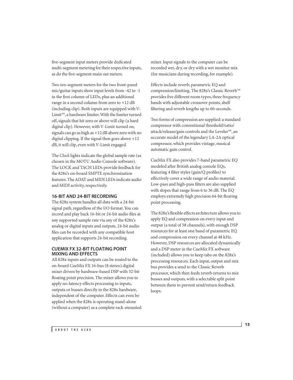 Bit and 24-bit recording, Cuemix fx 32-bit floating point mixing and effects | MOTU 828x 28x30 Audio Interface with ThunderTechnology User Manual | Page 15 / 126