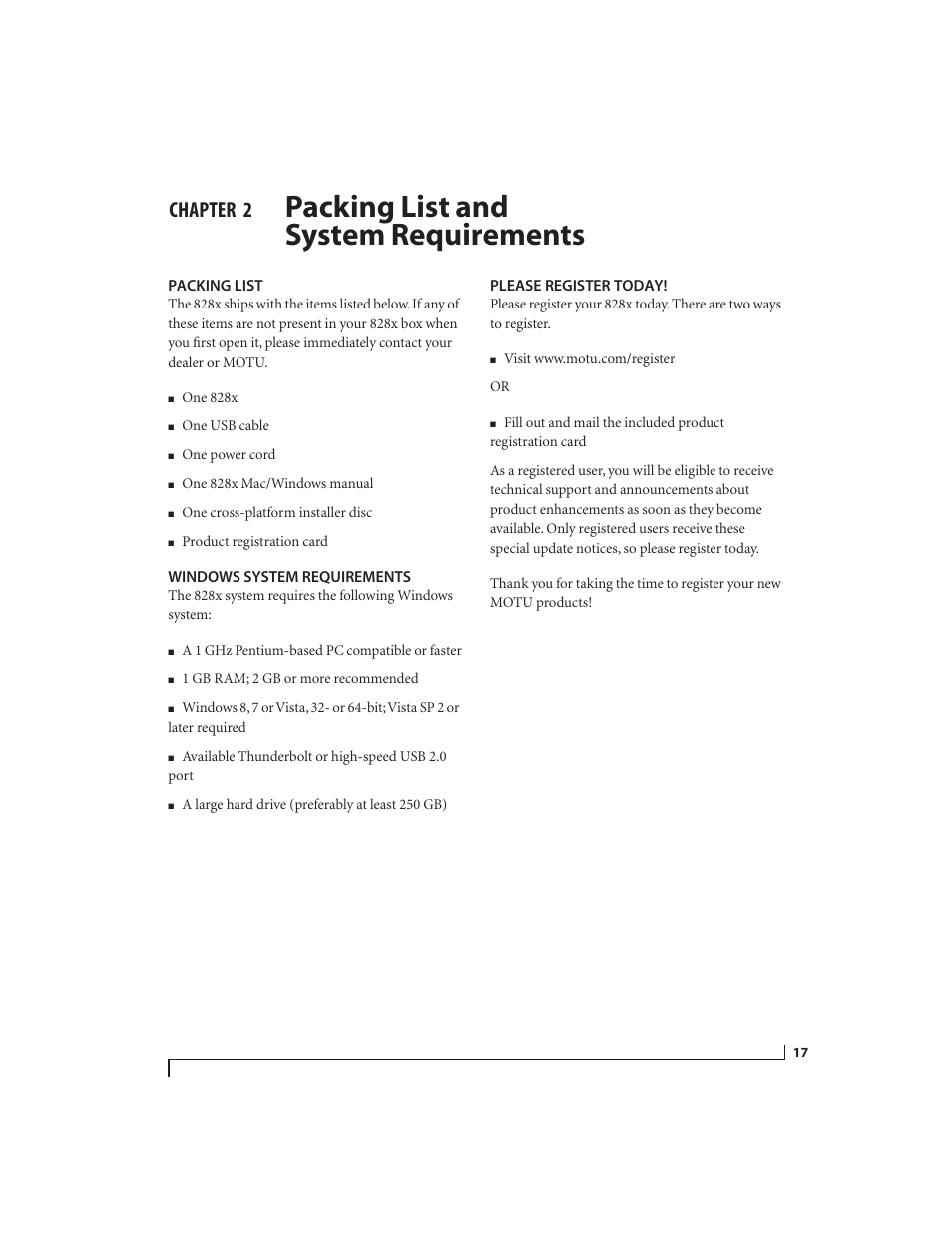 2 packing list and system requirements, Packing list, Windows system requirements | Please register today, Packing list and system requirements, Chapter | MOTU 828x 28x30 Audio Interface with ThunderTechnology User Manual | Page 17 / 126