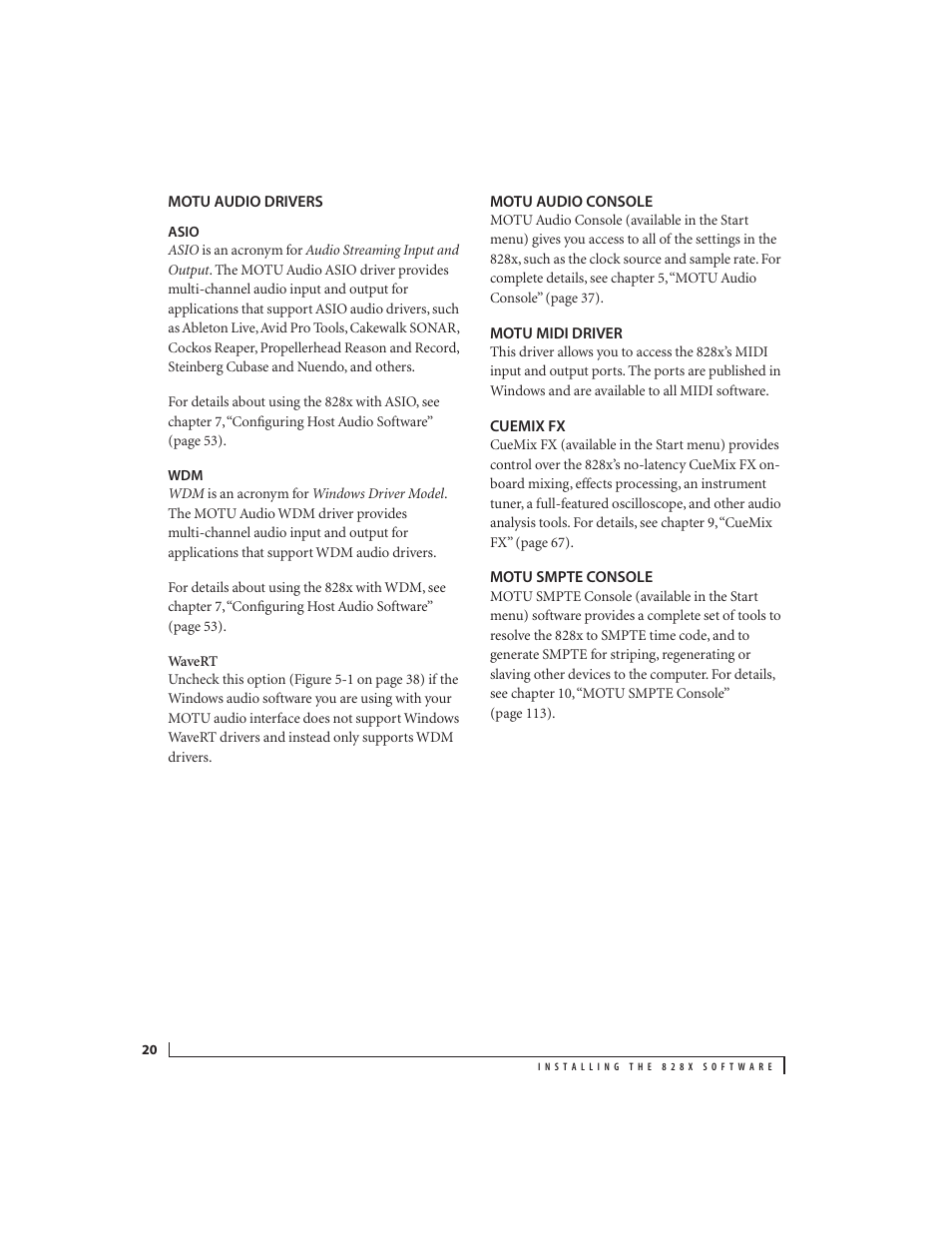 Motu audio drivers, Asio, Motu audio console | Motu midi driver, Cuemix fx, Motu smpte console | MOTU 828x 28x30 Audio Interface with ThunderTechnology User Manual | Page 20 / 126