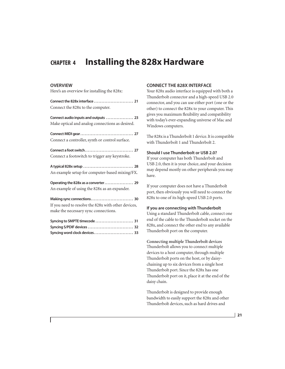 4 installing the 828x hardware, Overview, Connect the 828x interface | Should i use thunderbolt or usb 2.0, If you are connecting with thunderbolt, Installing the 828x hardware, Chapter | MOTU 828x 28x30 Audio Interface with ThunderTechnology User Manual | Page 21 / 126
