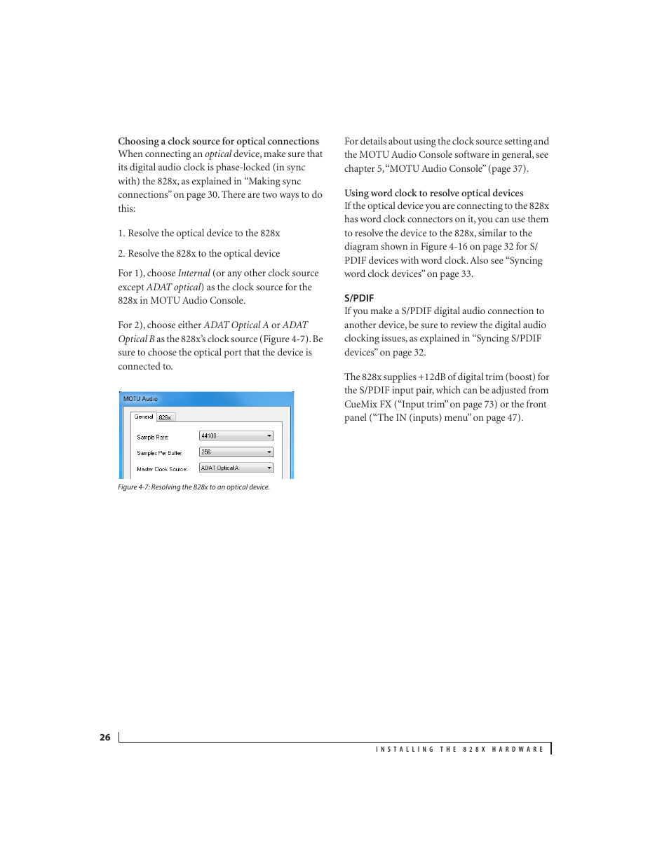 S/pdif | MOTU 828x 28x30 Audio Interface with ThunderTechnology User Manual | Page 26 / 126