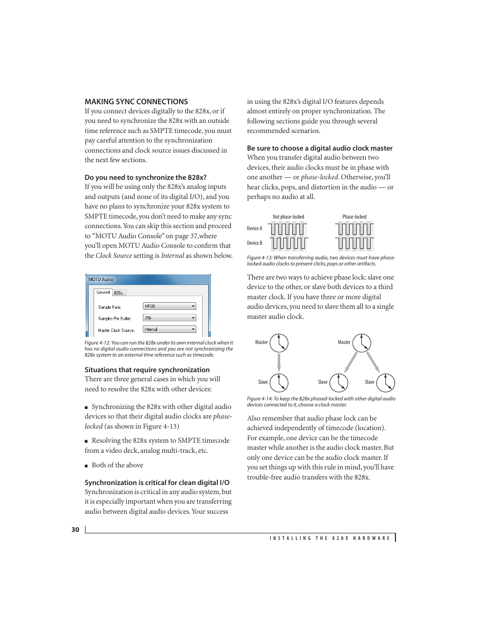 Making sync connections, Do you need to synchronize the 828x, Situations that require synchronization | Synchronization is critical for clean digital i/o, Be sure to choose a digital audio clock master | MOTU 828x 28x30 Audio Interface with ThunderTechnology User Manual | Page 30 / 126