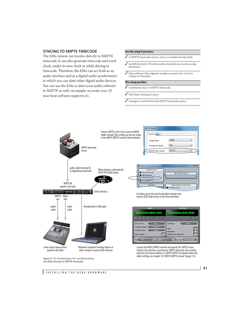 Syncing to smpte timecode | MOTU 828x 28x30 Audio Interface with ThunderTechnology User Manual | Page 31 / 126