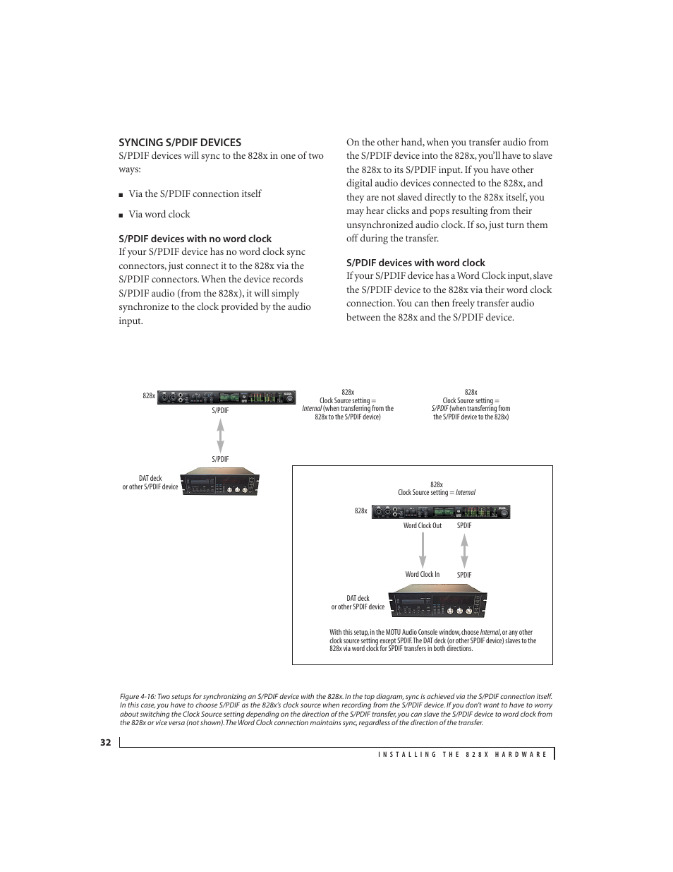 Syncing s/pdif devices, S/pdif devices with no word clock, S/pdif devices with word clock | MOTU 828x 28x30 Audio Interface with ThunderTechnology User Manual | Page 32 / 126