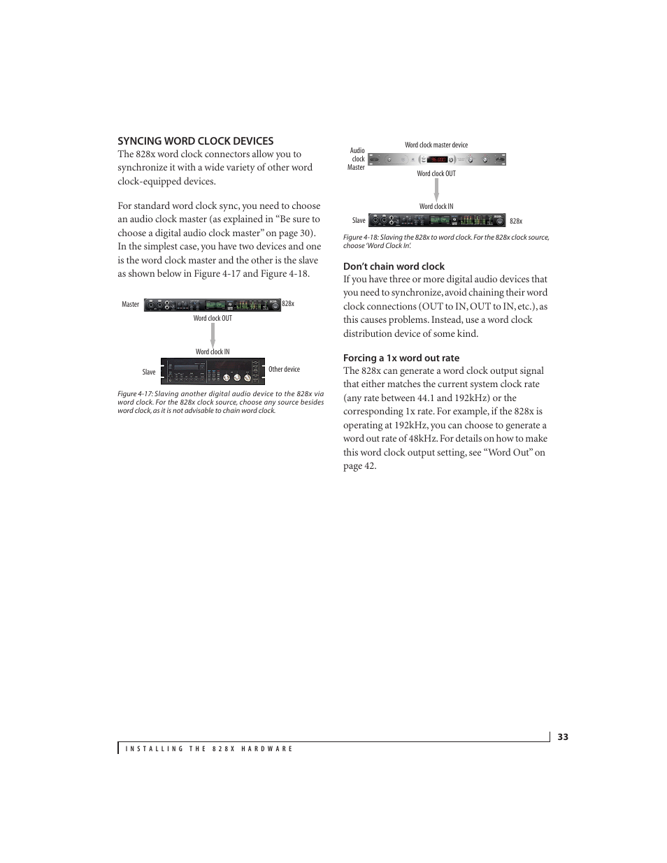 Syncing word clock devices, Don’t chain word clock, Forcing a 1x word out rate | MOTU 828x 28x30 Audio Interface with ThunderTechnology User Manual | Page 33 / 126