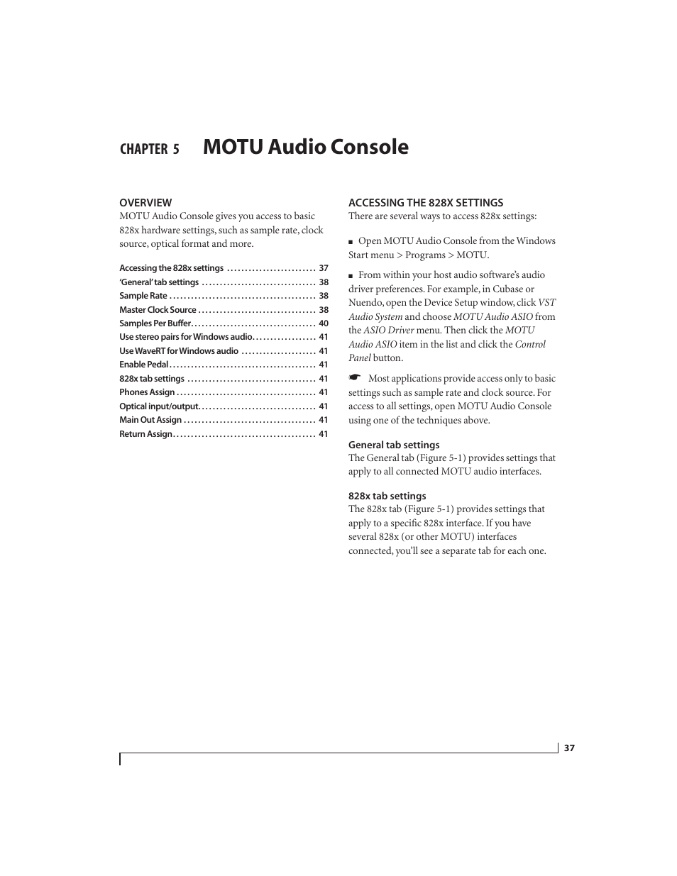 5 motu audio console, Overview, Accessing the 828x settings | General tab settings, 828x tab settings, Motu audio console, Chapter | MOTU 828x 28x30 Audio Interface with ThunderTechnology User Manual | Page 37 / 126