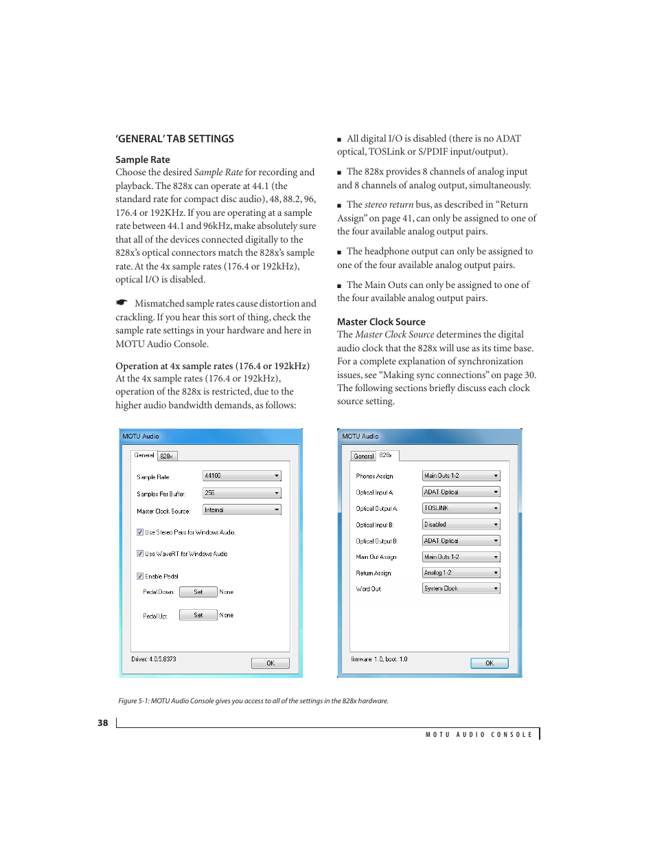 General’ tab settings, Sample rate, Master clock source | MOTU 828x 28x30 Audio Interface with ThunderTechnology User Manual | Page 38 / 126