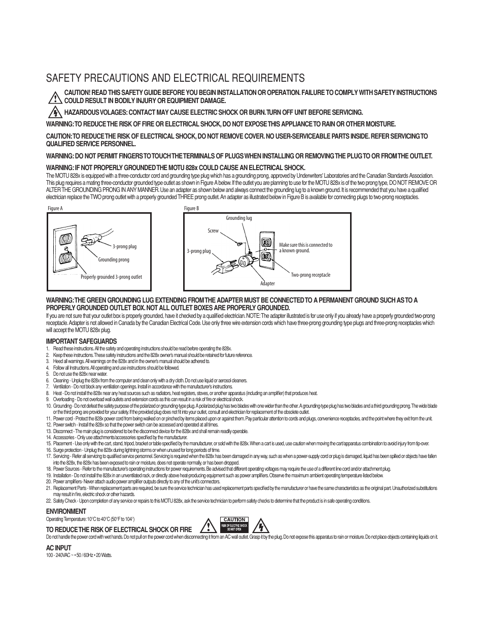 Safety precautions and electrical requirements | MOTU 828x 28x30 Audio Interface with ThunderTechnology User Manual | Page 4 / 126