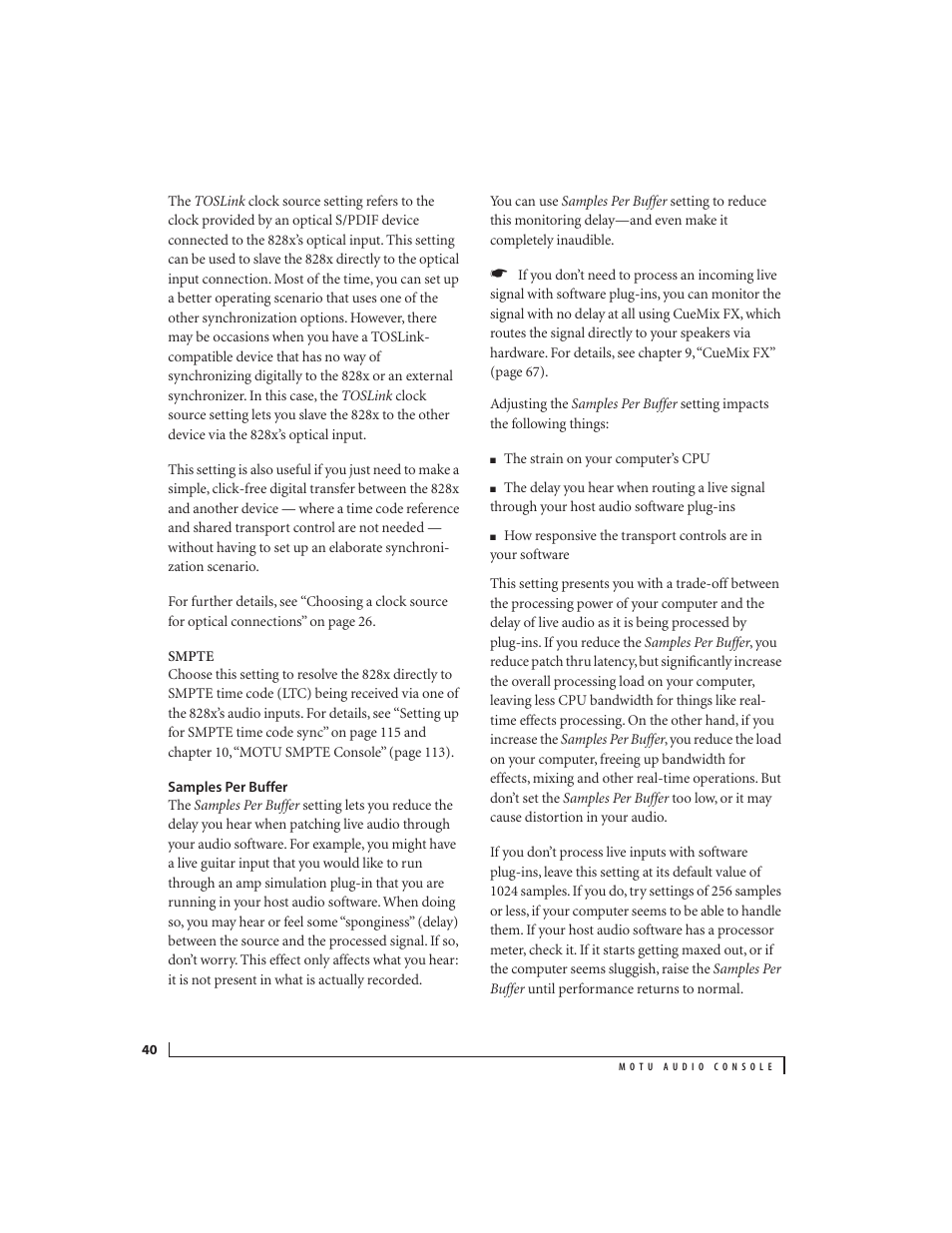 Samples per buffer | MOTU 828x 28x30 Audio Interface with ThunderTechnology User Manual | Page 40 / 126