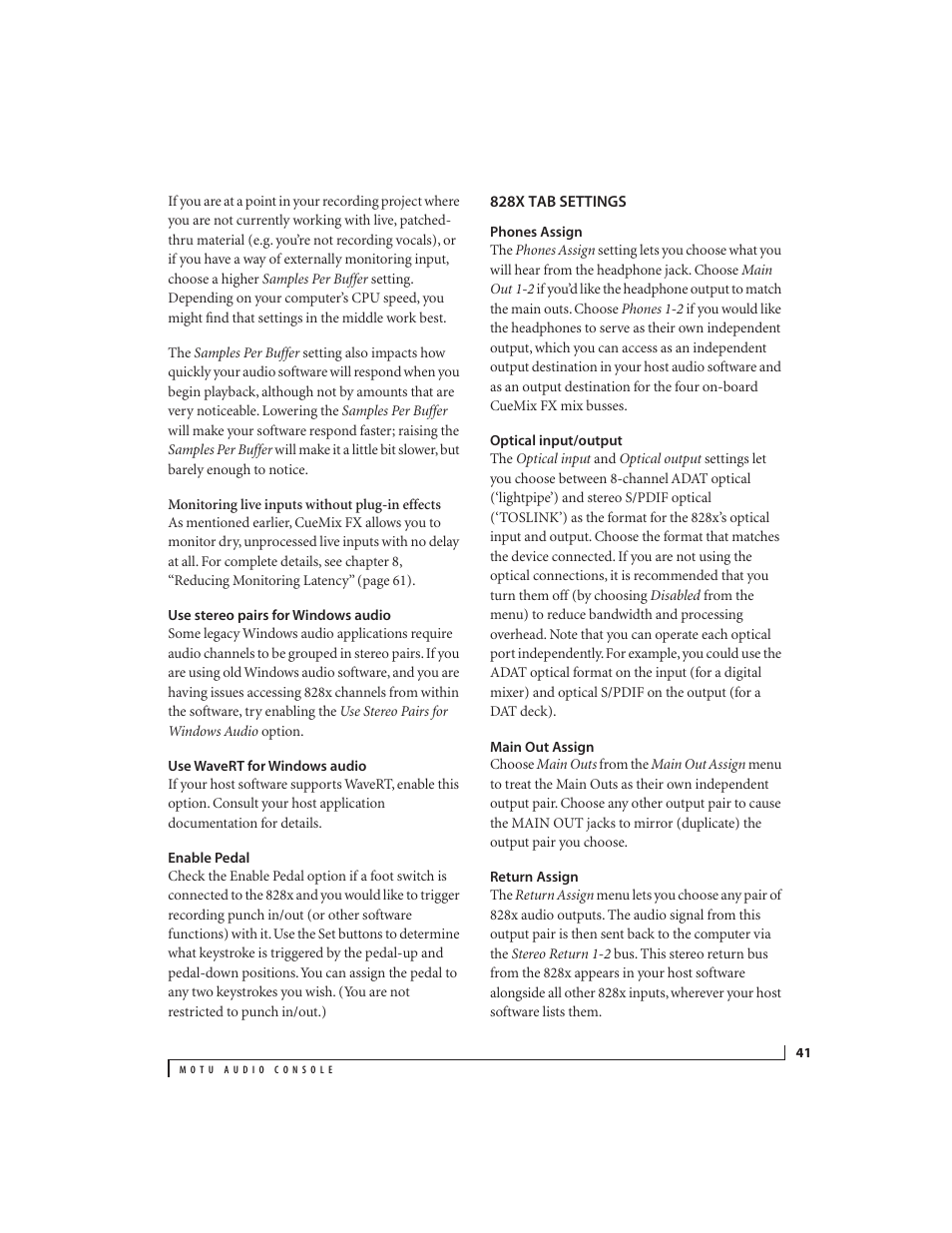 Use stereo pairs for windows audio, Use wavert for windows audio, Enable pedal | 828x tab settings, Phones assign, Optical input/output, Main out assign, Return assign, Ptical input/output, Ing r | MOTU 828x 28x30 Audio Interface with ThunderTechnology User Manual | Page 41 / 126