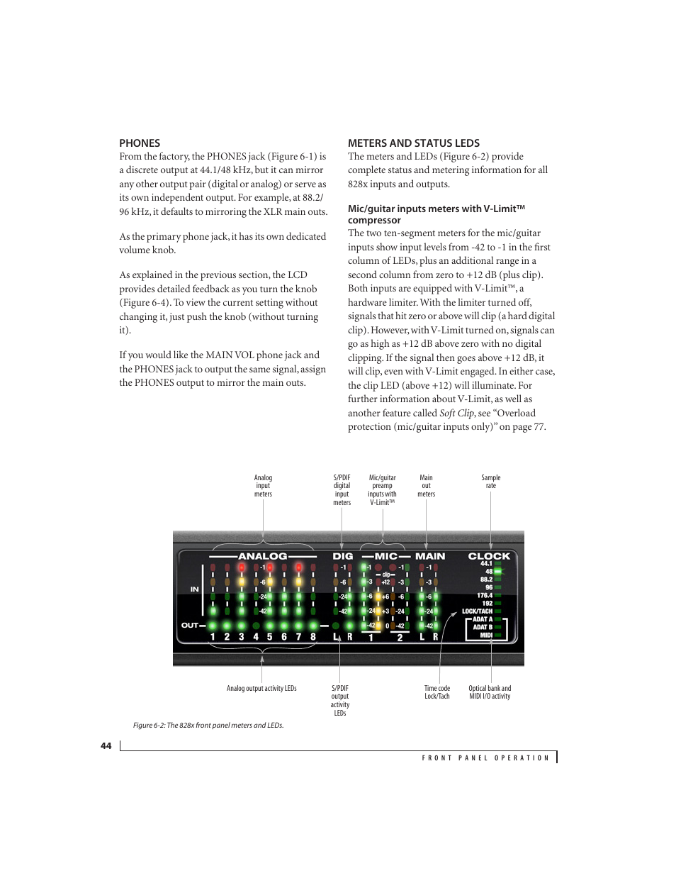 Phones, Meters and status leds, Mic/guitar inputs meters with v-limit™ compressor | O with no clipping or digital, Ers with, V-limit, Essor | MOTU 828x 28x30 Audio Interface with ThunderTechnology User Manual | Page 44 / 126