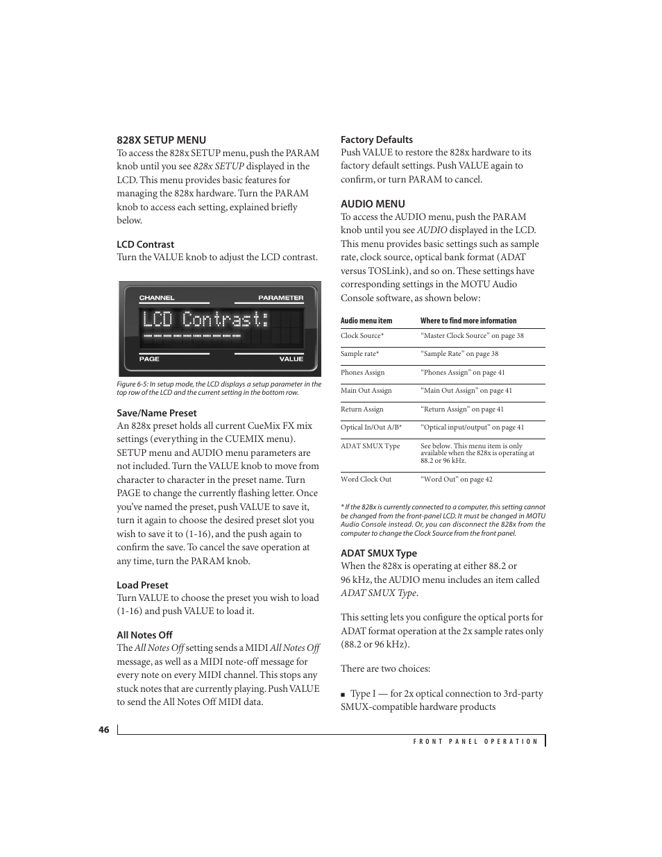 828x setup menu, Lcd contrast, Save/name preset | Load preset, All notes off, Factory defaults, Audio menu, Adat smux type | MOTU 828x 28x30 Audio Interface with ThunderTechnology User Manual | Page 46 / 126