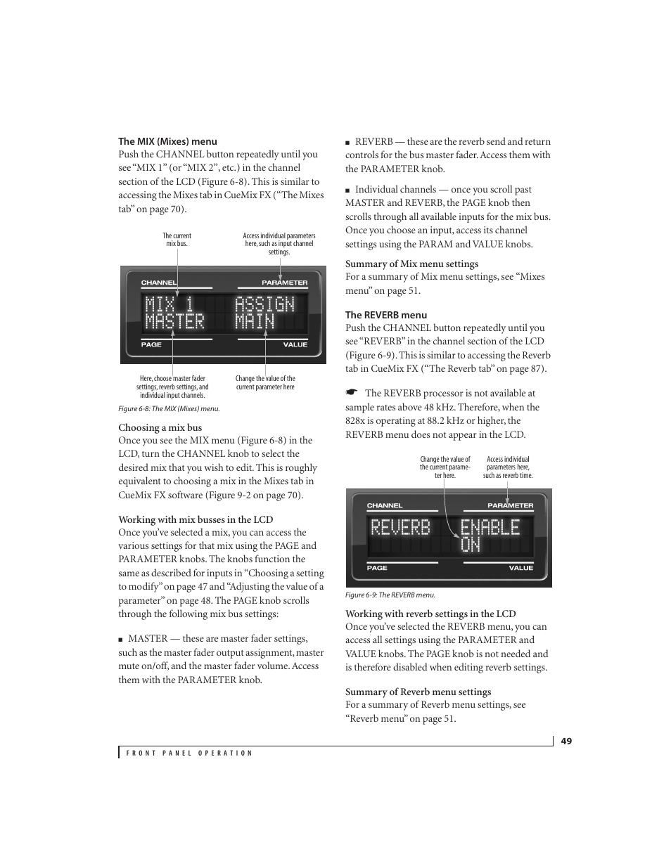 The mix (mixes) menu, The reverb menu | MOTU 828x 28x30 Audio Interface with ThunderTechnology User Manual | Page 49 / 126