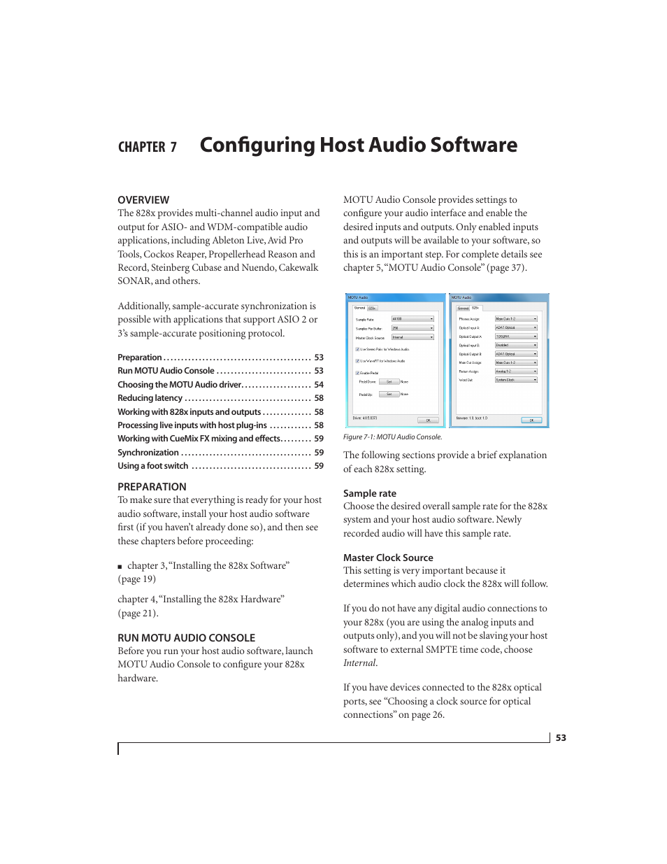 7 configuring host audio software, Overview, Preparation | Run motu audio console, Sample rate, Master clock source, Configuring host audio software, Chapter | MOTU 828x 28x30 Audio Interface with ThunderTechnology User Manual | Page 53 / 126