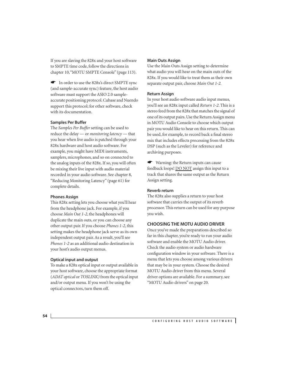 Samples per buffer, Phones assign, Optical input and output | Main outs assign, Return assign, Reverb return, Choosing the motu audio driver | MOTU 828x 28x30 Audio Interface with ThunderTechnology User Manual | Page 54 / 126