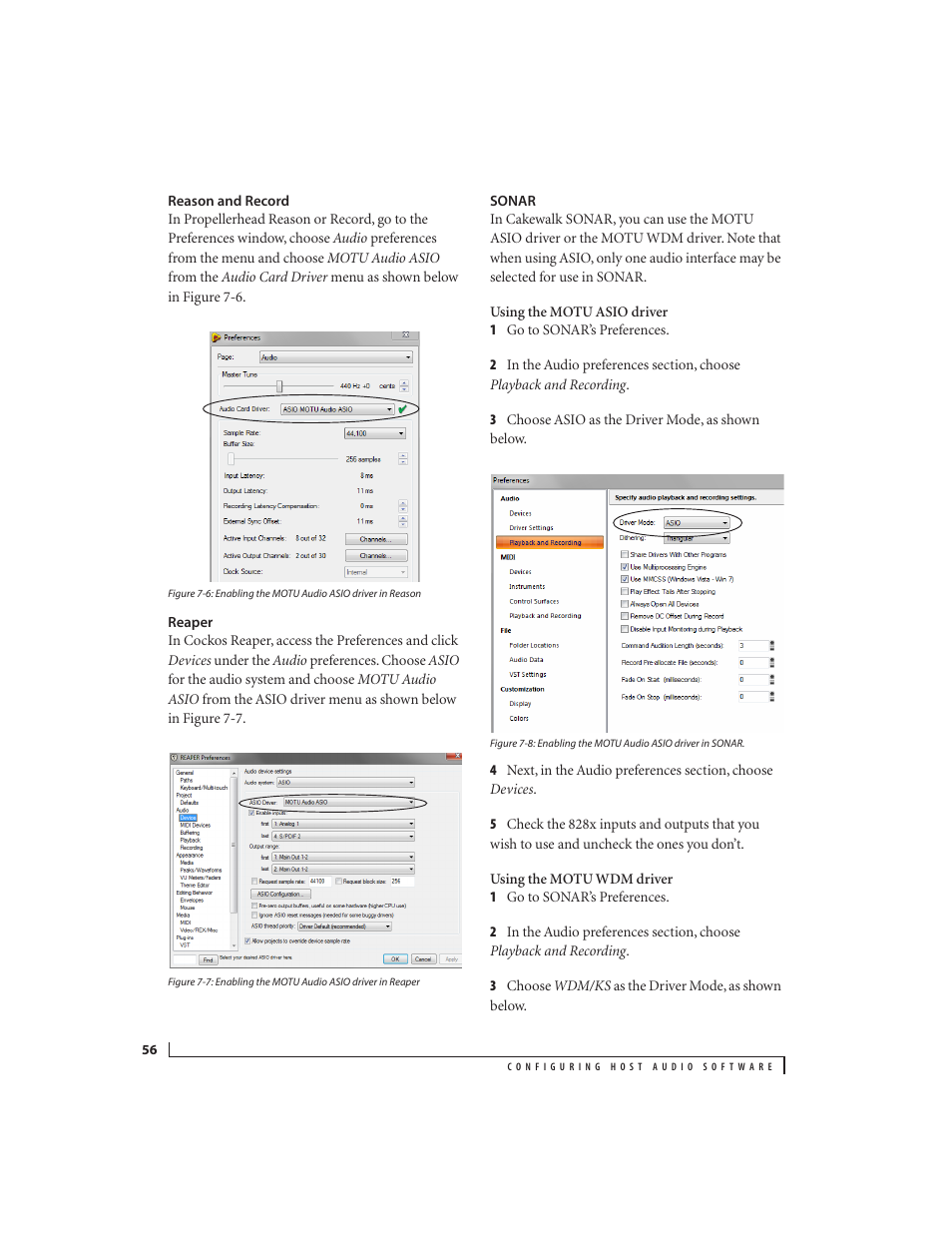Reason and record, Reaper, Sonar | MOTU 828x 28x30 Audio Interface with ThunderTechnology User Manual | Page 56 / 126