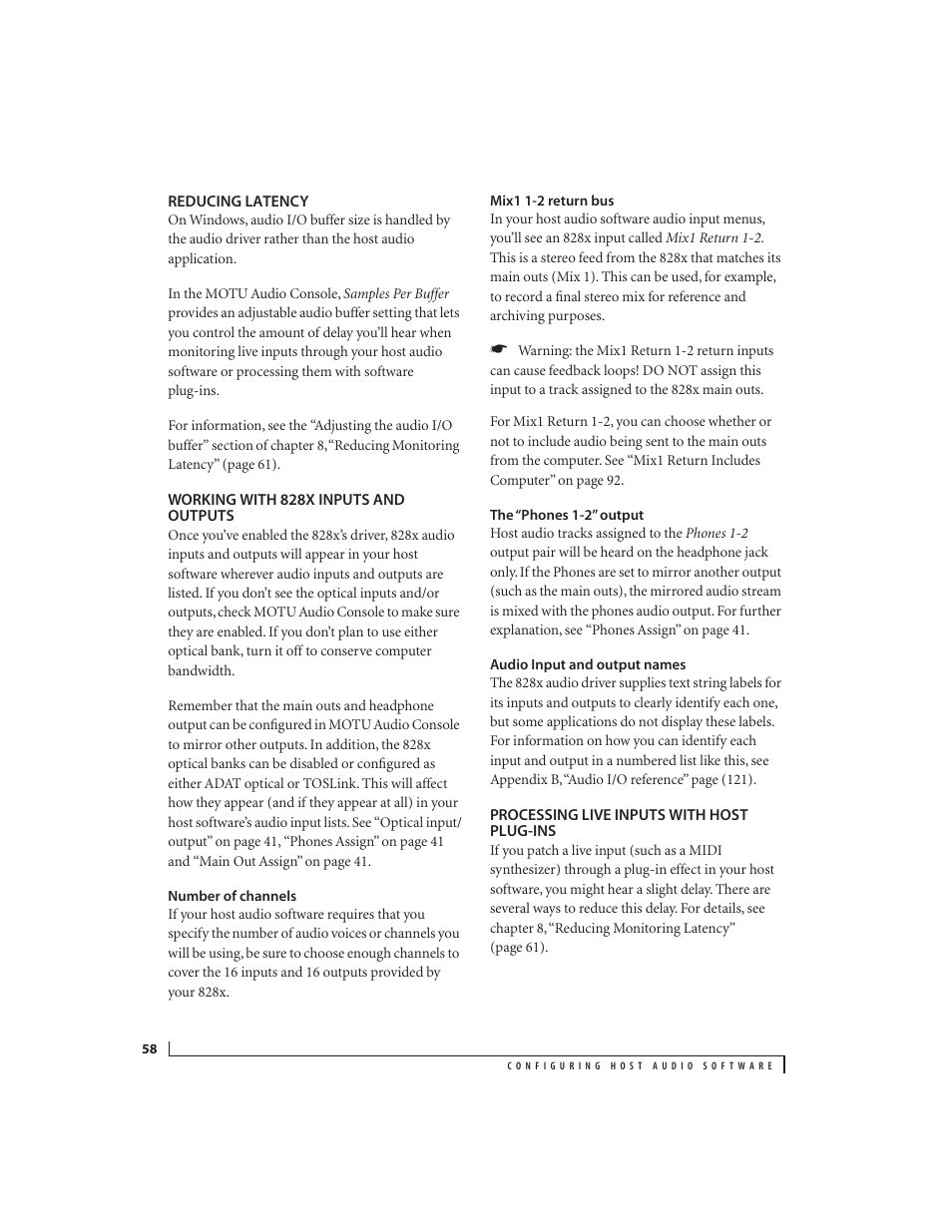 Reducing latency, Working with 828x inputs and outputs, Number of channels | Mix1 1-2 return bus, The “phones 1-2” output, Audio input and output names, Processing live inputs with host plug-ins | MOTU 828x 28x30 Audio Interface with ThunderTechnology User Manual | Page 58 / 126
