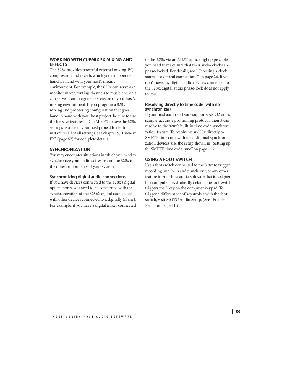 Working with cuemix fx mixing and effects, Synchronization, Synchronizing digital audio connections | Using a foot switch | MOTU 828x 28x30 Audio Interface with ThunderTechnology User Manual | Page 59 / 126