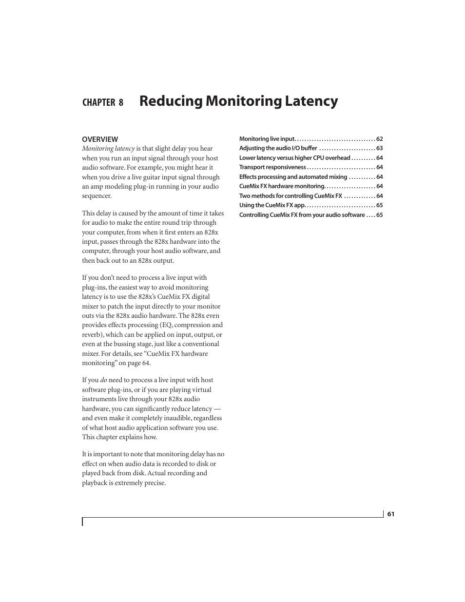 8 reducing monitoring latency, Overview, Reducing monitoring latency | Chapter | MOTU 828x 28x30 Audio Interface with ThunderTechnology User Manual | Page 61 / 126