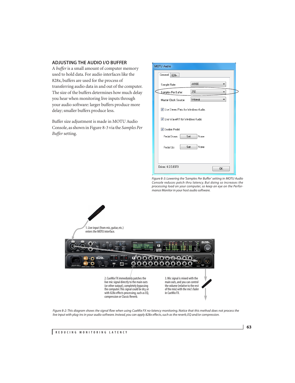 Adjusting the audio i/o buffer, E “adjusting the audio i/o buffer” sec | MOTU 828x 28x30 Audio Interface with ThunderTechnology User Manual | Page 63 / 126
