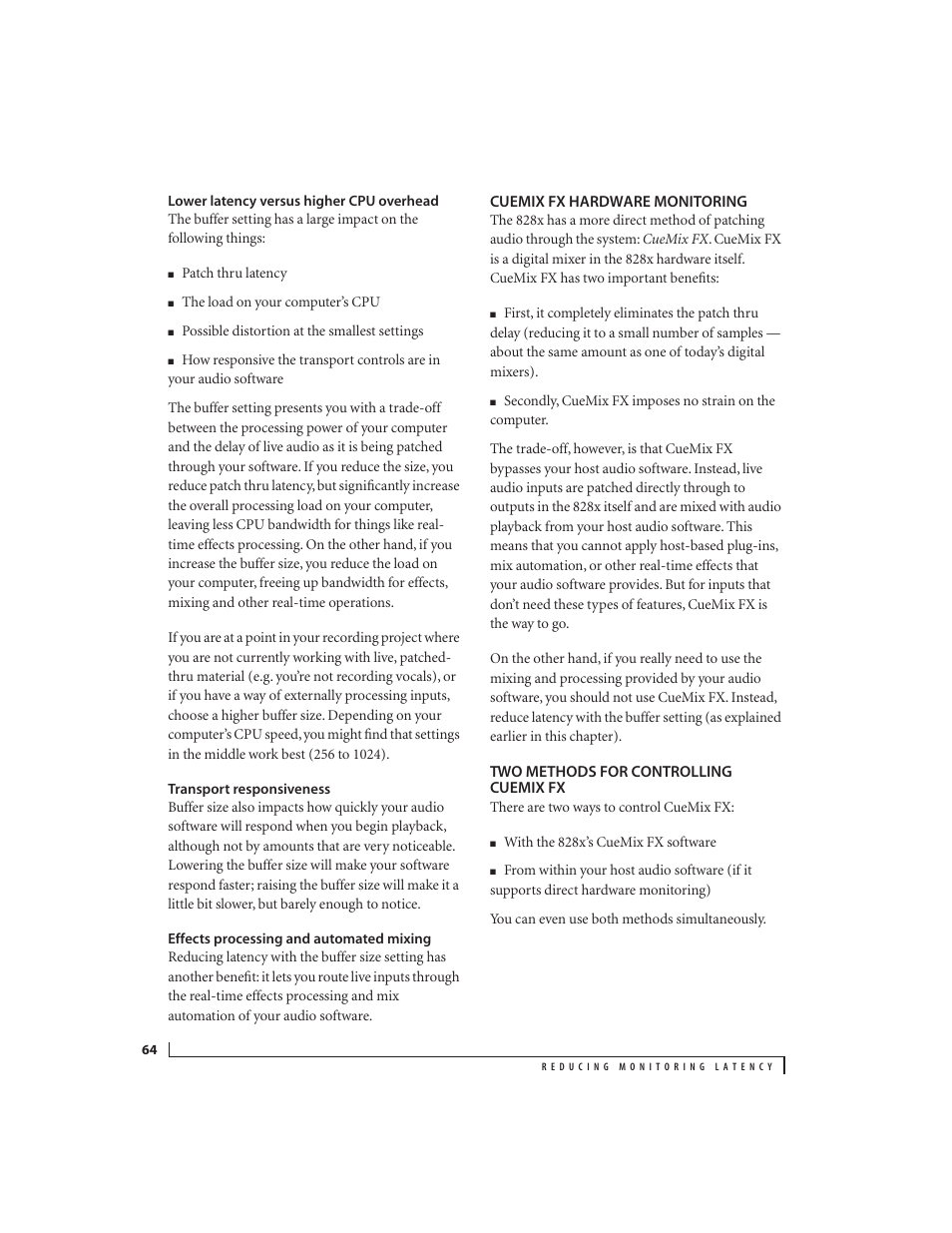 Lower latency versus higher cpu overhead, Transport responsiveness, Effects processing and automated mixing | Cuemix fx hardware monitoring, Two methods for controlling cuemix fx | MOTU 828x 28x30 Audio Interface with ThunderTechnology User Manual | Page 64 / 126