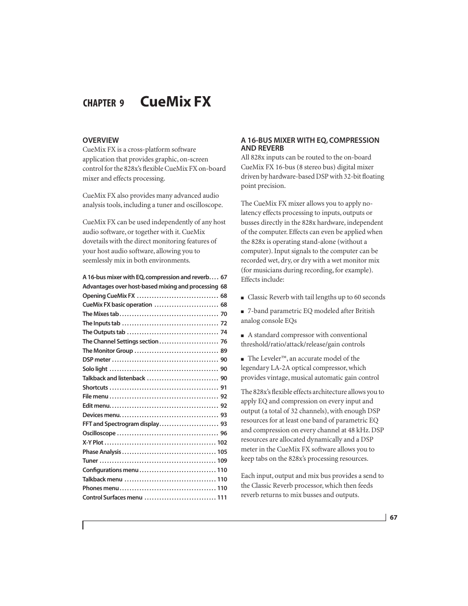 9 cuemix fx, Overview, A 16-bus mixer with eq, compression and reverb | Cuemix fx, Chapter | MOTU 828x 28x30 Audio Interface with ThunderTechnology User Manual | Page 67 / 126