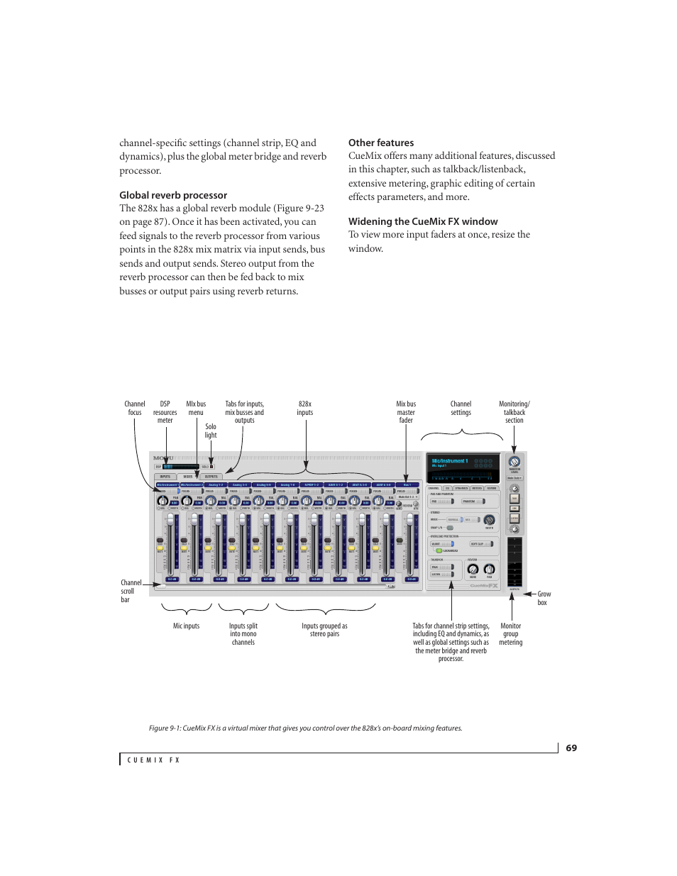 Global reverb processor, Other features, Widening the cuemix fx window | MOTU 828x 28x30 Audio Interface with ThunderTechnology User Manual | Page 69 / 126