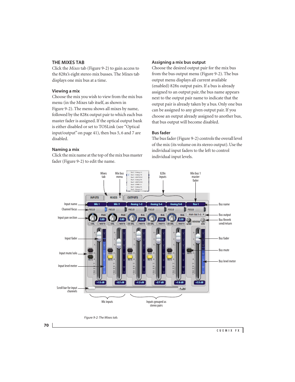 The mixes tab, Viewing a mix, Naming a mix | Assigning a mix bus output, Bus fader | MOTU 828x 28x30 Audio Interface with ThunderTechnology User Manual | Page 70 / 126