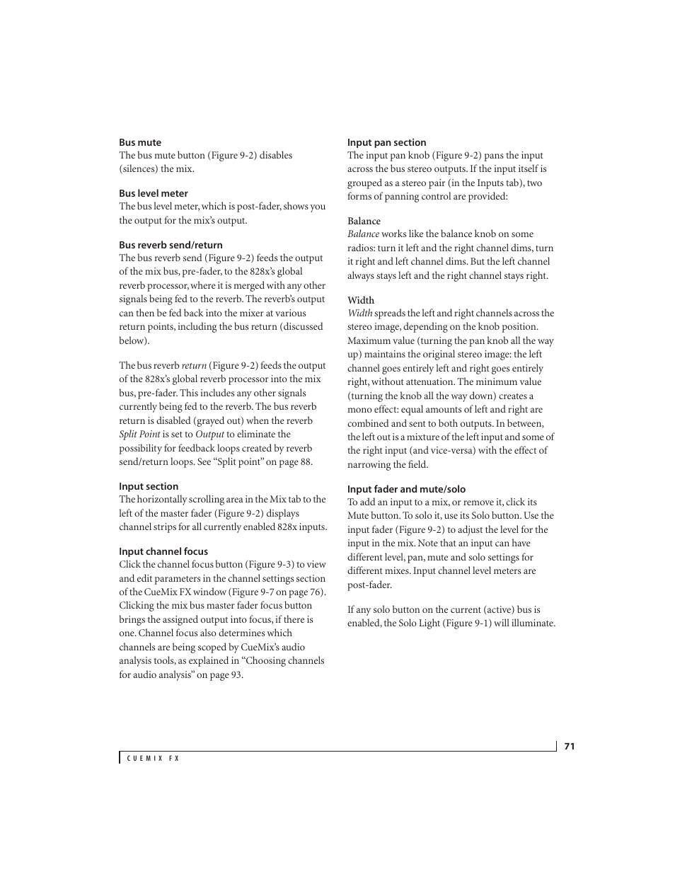 Bus mute, Bus level meter, Bus reverb send/return | Input section, Input channel focus, Input pan section, Input fader and mute/solo | MOTU 828x 28x30 Audio Interface with ThunderTechnology User Manual | Page 71 / 126