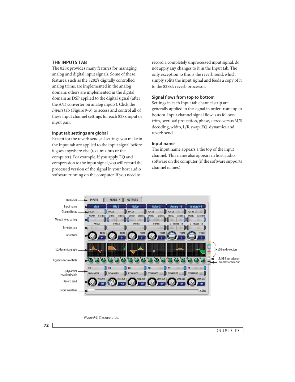 The inputs tab, Input tab settings are global, Signal flows from top to bottom | Input name | MOTU 828x 28x30 Audio Interface with ThunderTechnology User Manual | Page 72 / 126