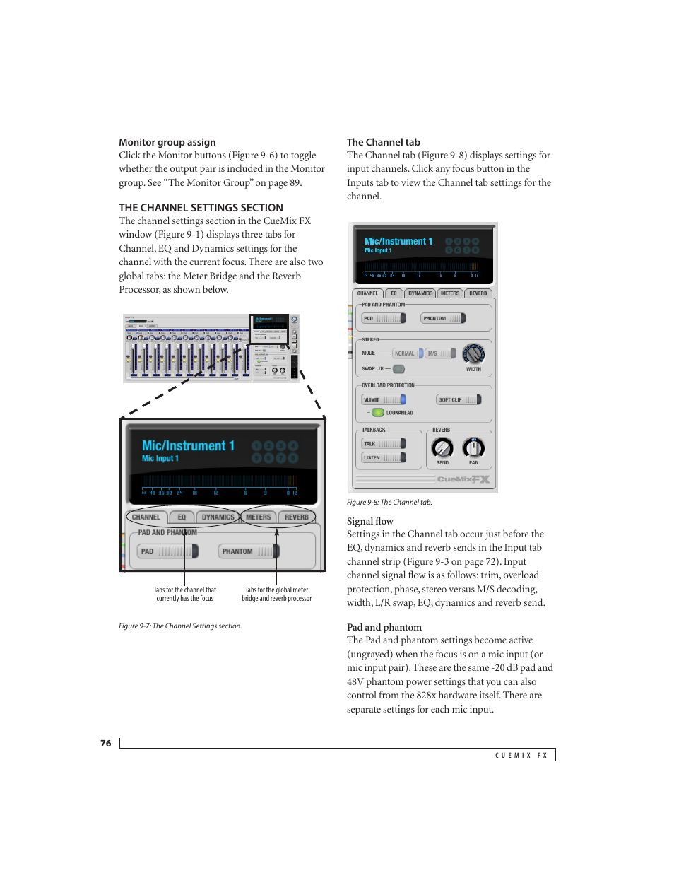 Monitor group assign, The channel settings section, The channel tab | MOTU 828x 28x30 Audio Interface with ThunderTechnology User Manual | Page 76 / 126