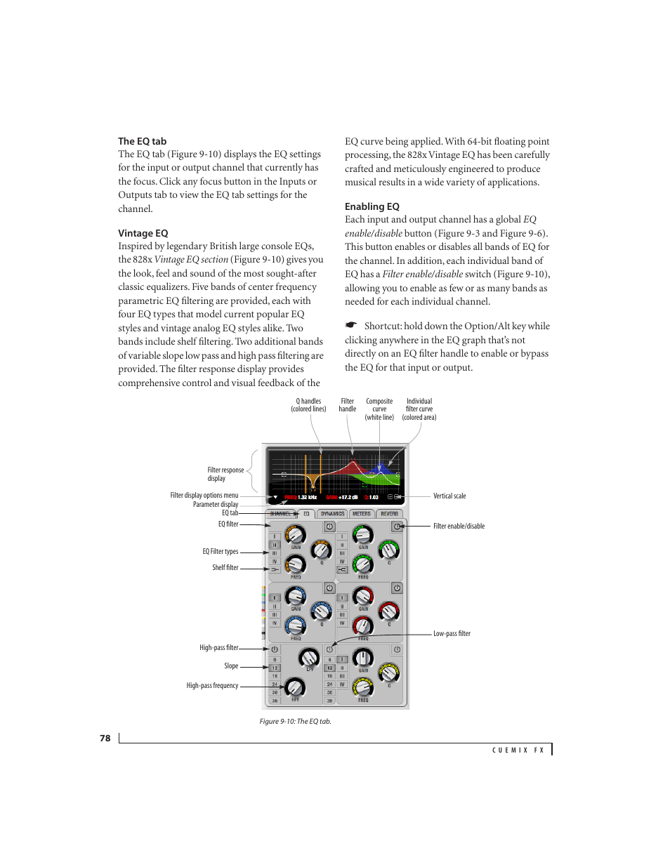 The eq tab, Vintage eq, Enabling eq | MOTU 828x 28x30 Audio Interface with ThunderTechnology User Manual | Page 78 / 126